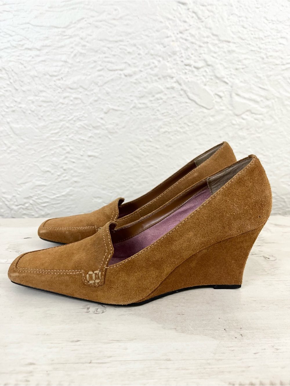 Vintage 90s Y2K Suede Wedge Loafers Tan Preppy 6.5